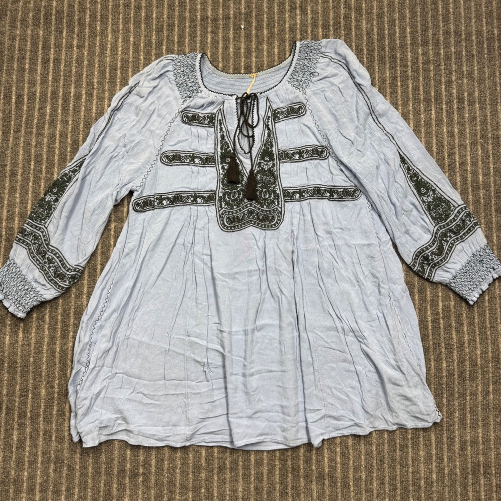 Free People Womens Embroidered Boho Peasant Tunic Top Large Blue Tassel Gauze